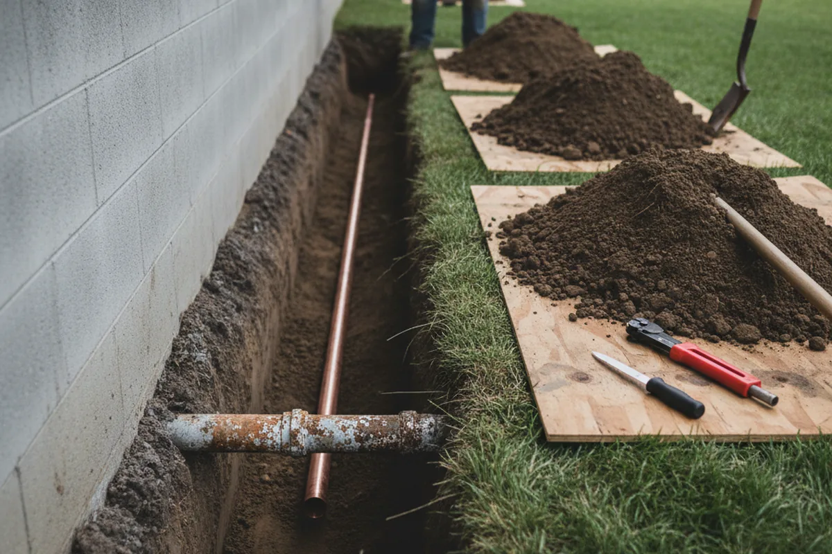 Excavated water line trench during Water Heater Repair in Brockton